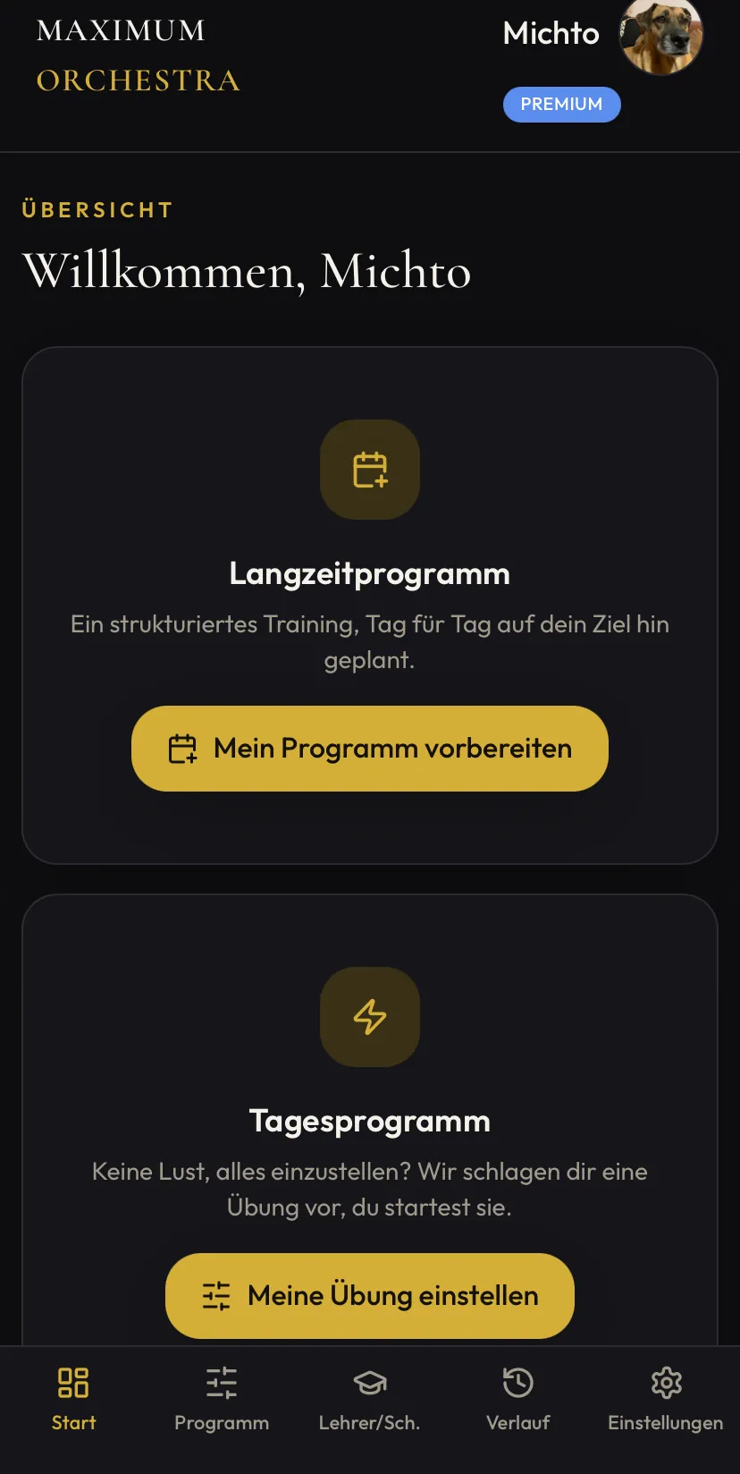 Startbildschirm von Maximum Orchestra: Grundprogramm und Tagesprogramm