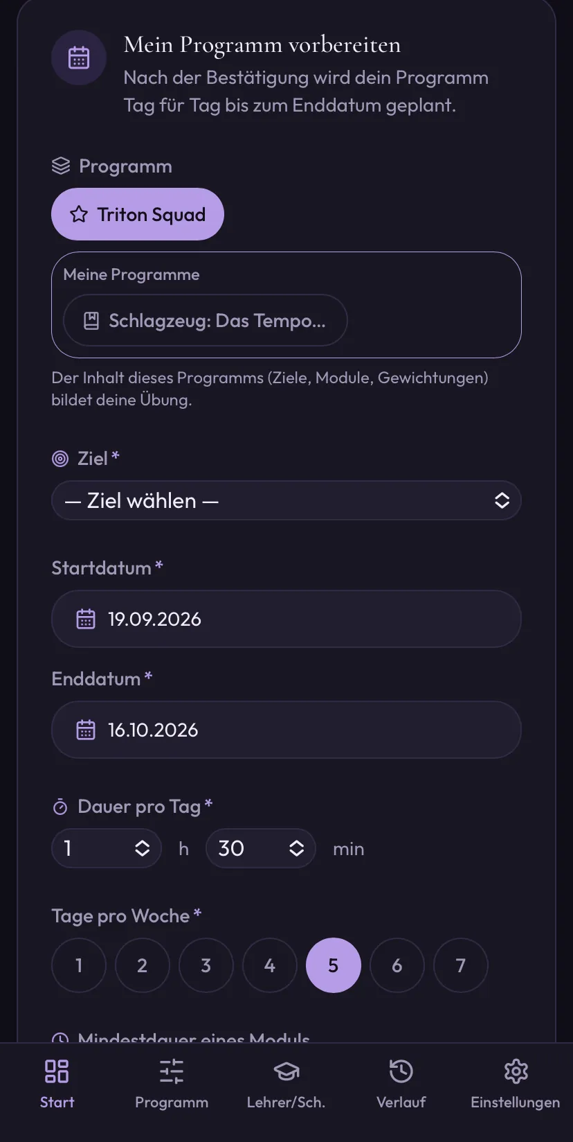 Vorbereitungsbildschirm eines Übungsprogramms