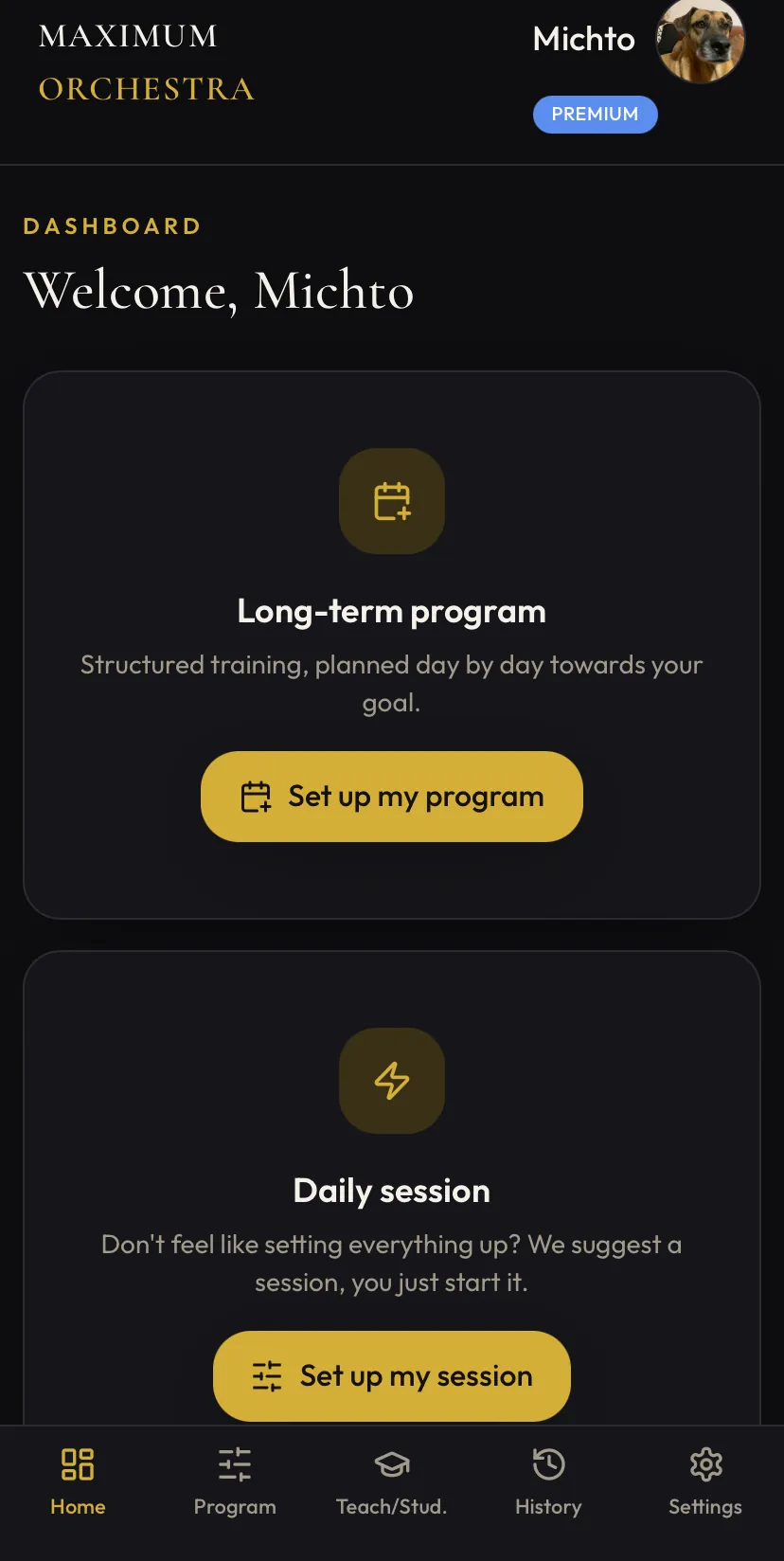 Maximum Orchestra home screen: background programme and daily programme