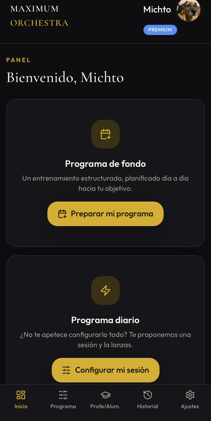 Pantalla de inicio de Maximum Orchestra: programa de fondo y programa diario