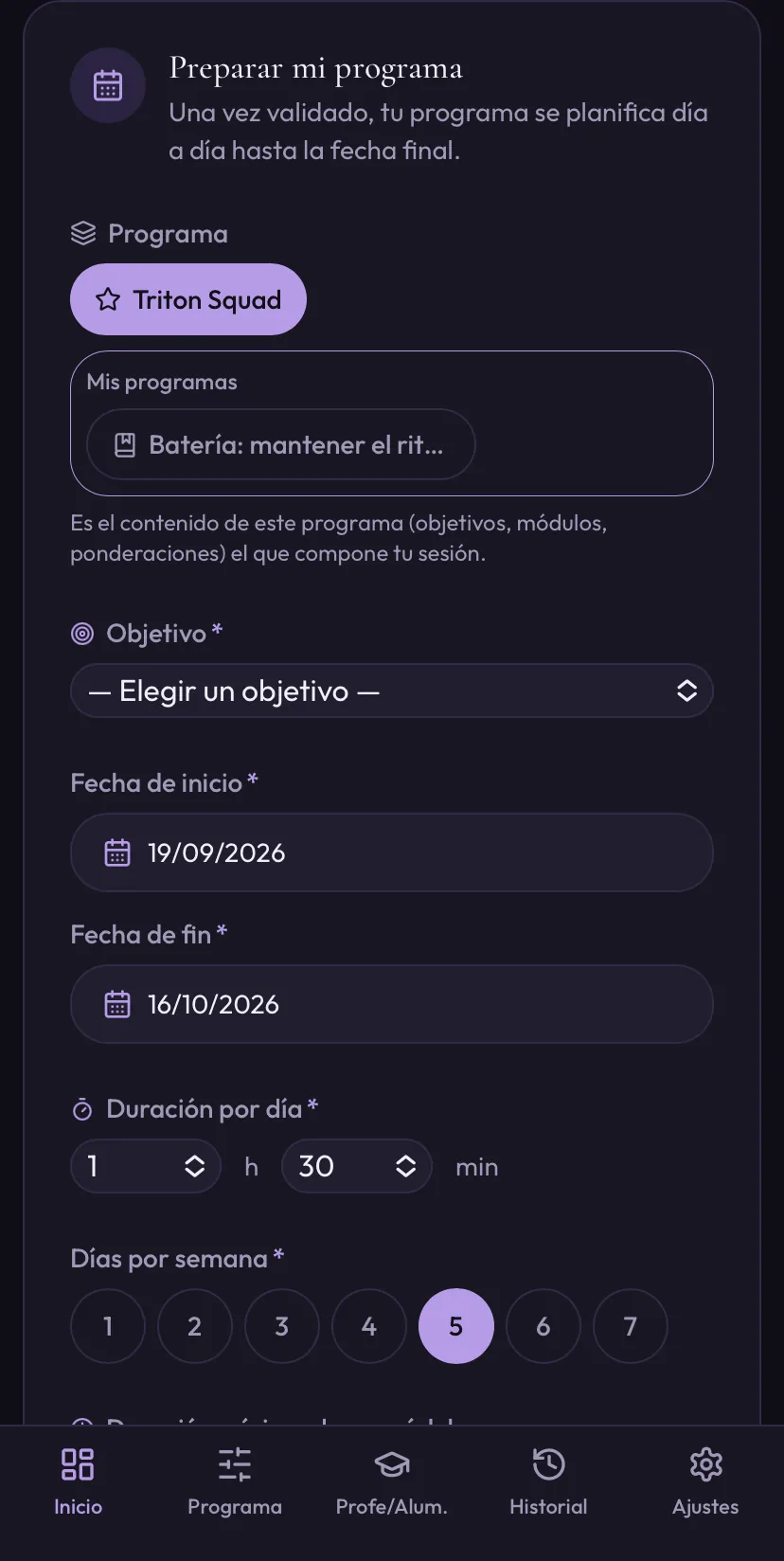 Pantalla de preparación de un programa de práctica