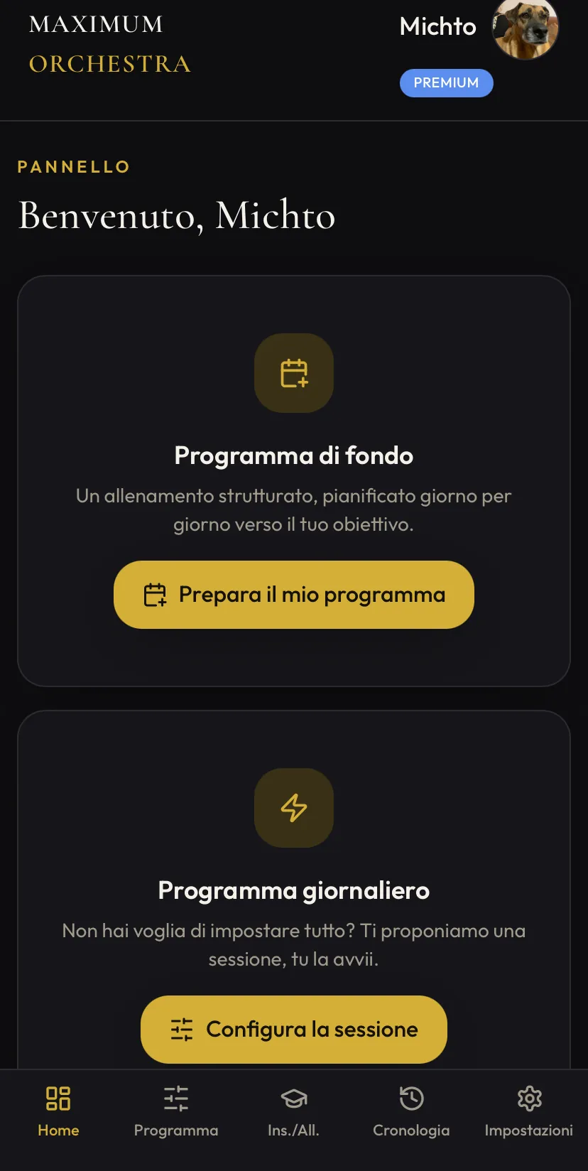 Schermata iniziale di Maximum Orchestra: programma di fondo e programma giornaliero