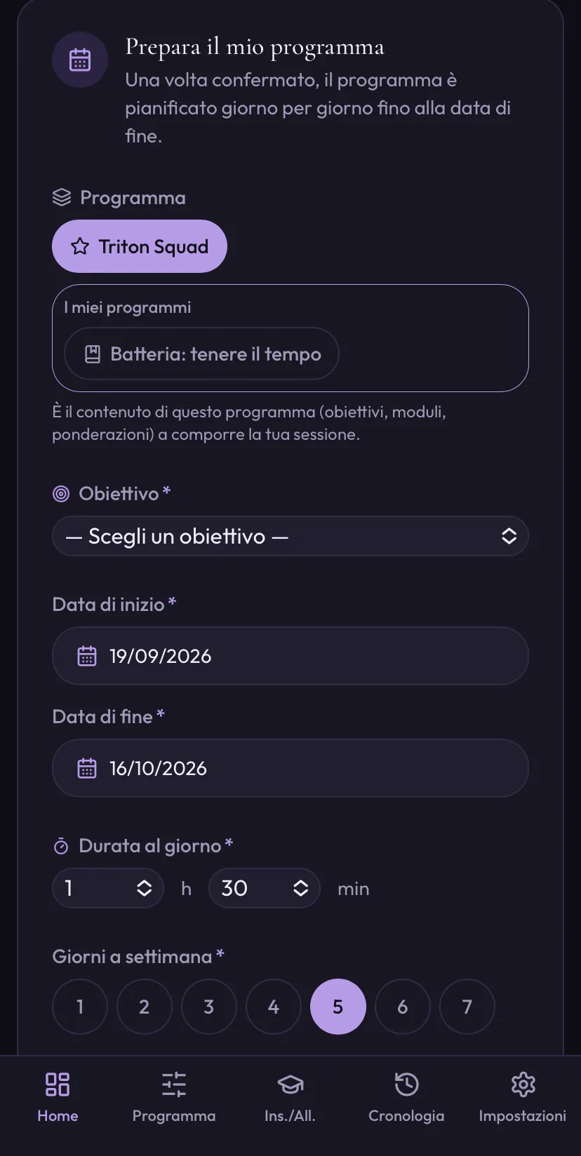 Schermata di preparazione di un programma di studio
