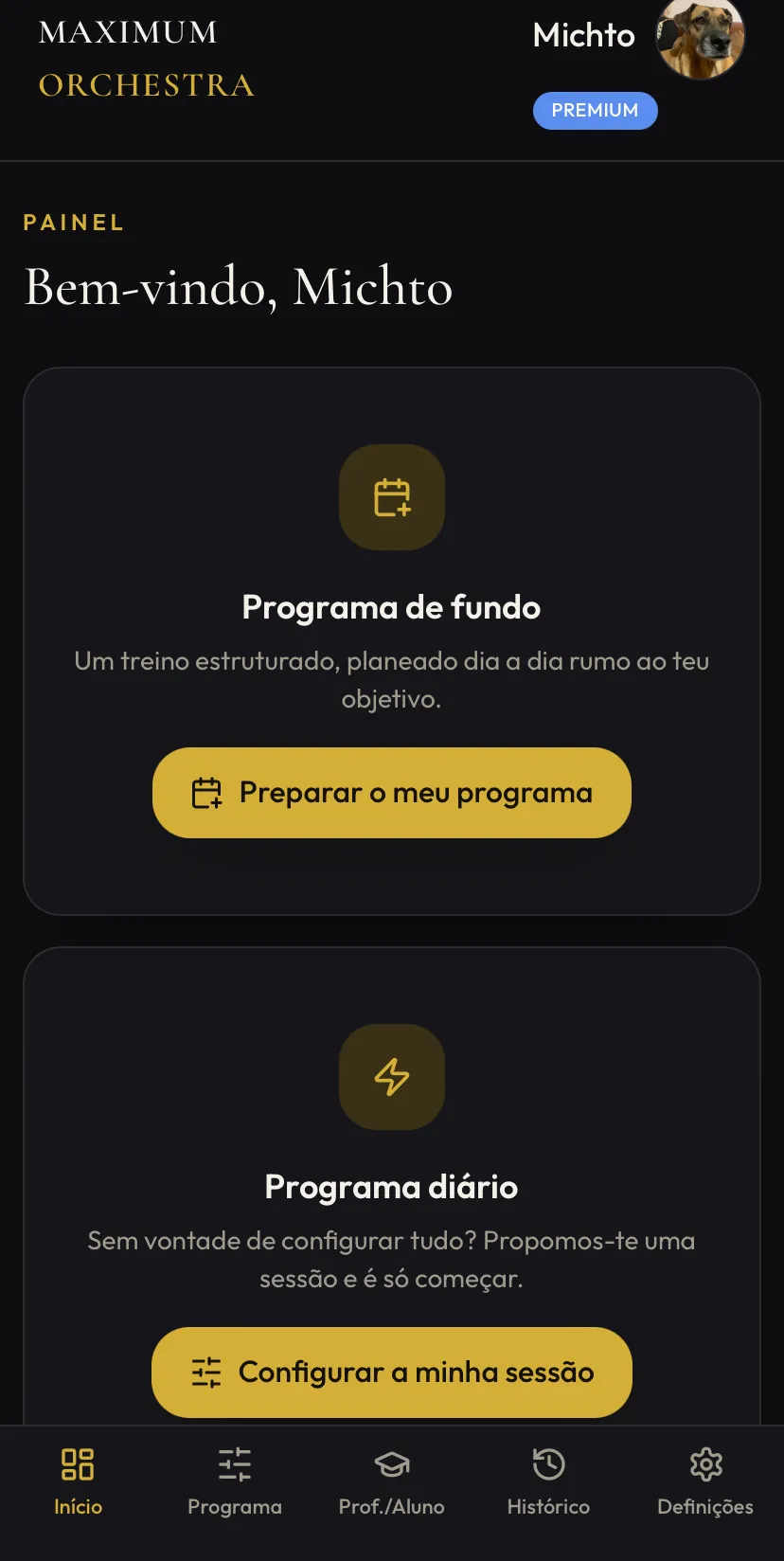 Ecrã inicial do Maximum Orchestra: programa de fundo e programa diário