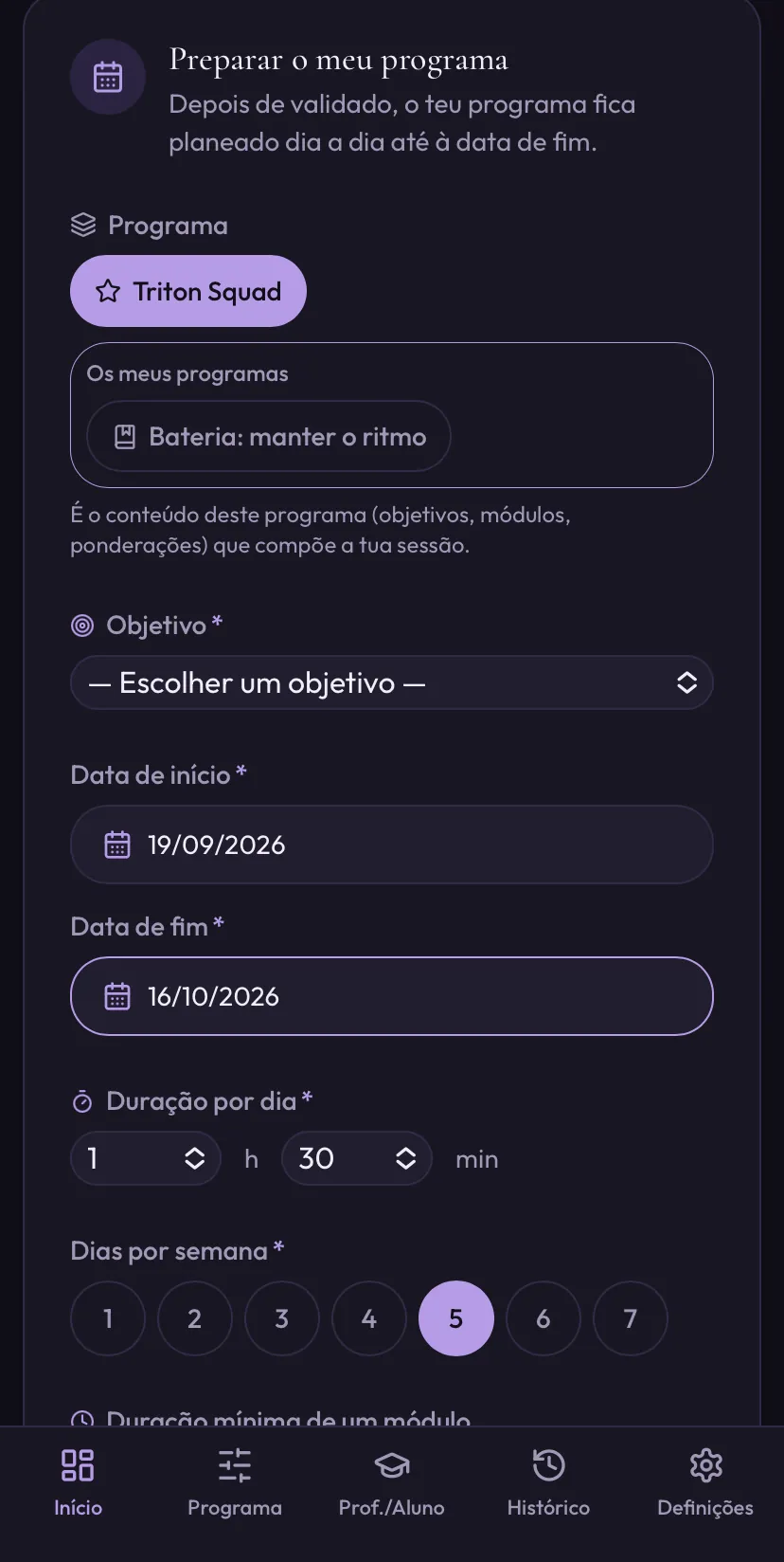 Ecrã de preparação de um programa de treino